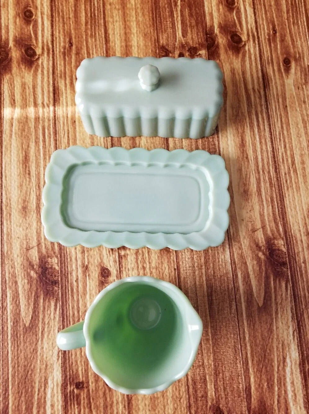 Pioneer Woman Timeless Beauty Jade Green Glass Butter Dish and Creamer Set